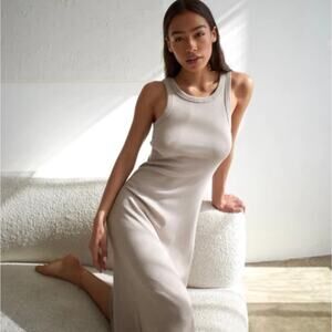 AYR The Metro Ribbed Mushroom Tan Pima Cotton Midi Dress XS